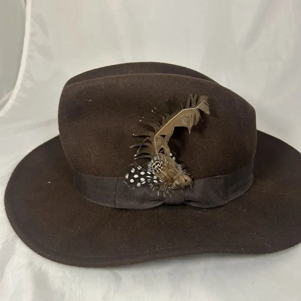 LAUREN Ralph Lauren Feather Embellished Wool Hat Brown Size Medium